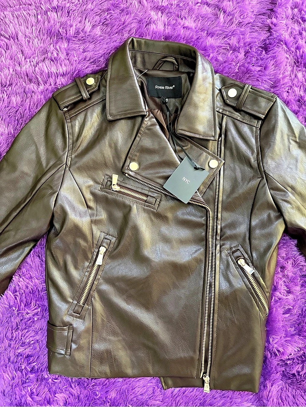 Rosie River Leather Moto Jacket in Brown Size Medium NWT